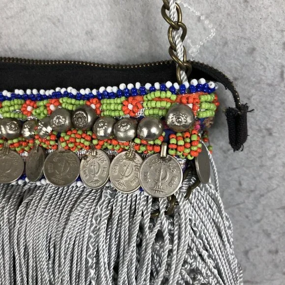 Elliot Mann Purse Beaded Fringe Coin Indie Firefly Boho Art to Wear Retro - Picture 9 of 16